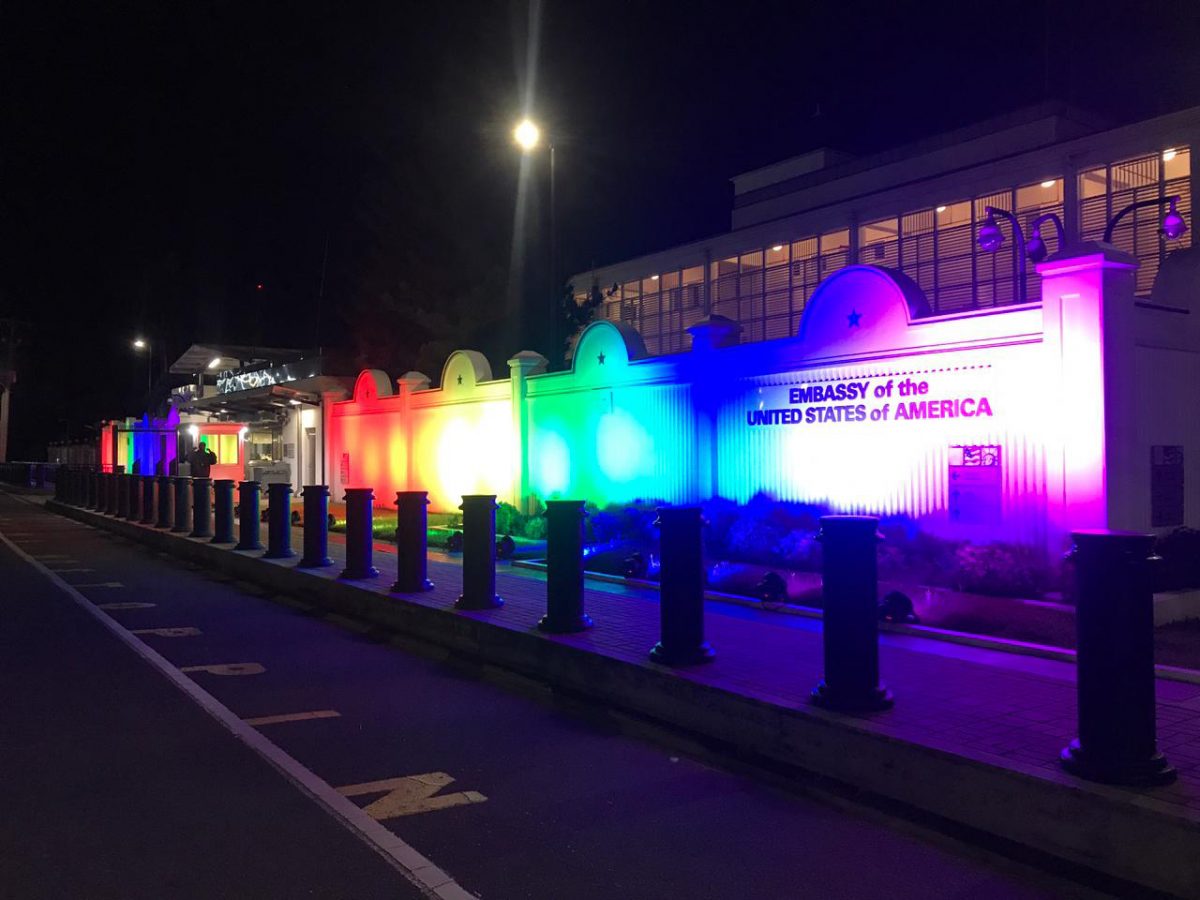 In commemoration of Pride Month globally, the Embassy of the United States of America in Kingston has illuminated its walls in colours of the rainbow to honour the human rights of LGBTQI+ persons in Guyana. The embassy also raised the rainbow Pride Flag, which will be flown below the US flag on the flagpole throughout the month of June. 
