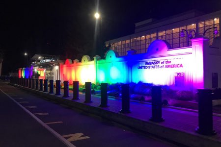 In commemoration of Pride Month globally, the Embassy of the United States of America in Kingston has illuminated its walls in colours of the rainbow to honour the human rights of LGBTQI+ persons in Guyana. The embassy also raised the rainbow Pride Flag, which will be flown below the US flag on the flagpole throughout the month of June. 