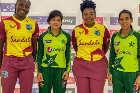 The four captains from left, Stafanie Taylor (West Indies Women), Javeria Khan (Pakistan Women), Reniece Boyce (West Indies A Women) and Sidra Nawaz (Pakistan A Women).