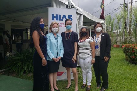 From left are Sabrina Flores, US Ambassador Sarah-Ann Lynch, HIAS Guyana Country Director Alex Theran, Ginacar Amiaz and the acting head of mission for UNHCR. 