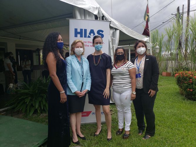 From left are Sabrina Flores, US Ambassador Sarah-Ann Lynch, HIAS Guyana Country Director Alex Theran, Ginacar Amiaz and the acting head of mission for UNHCR. 