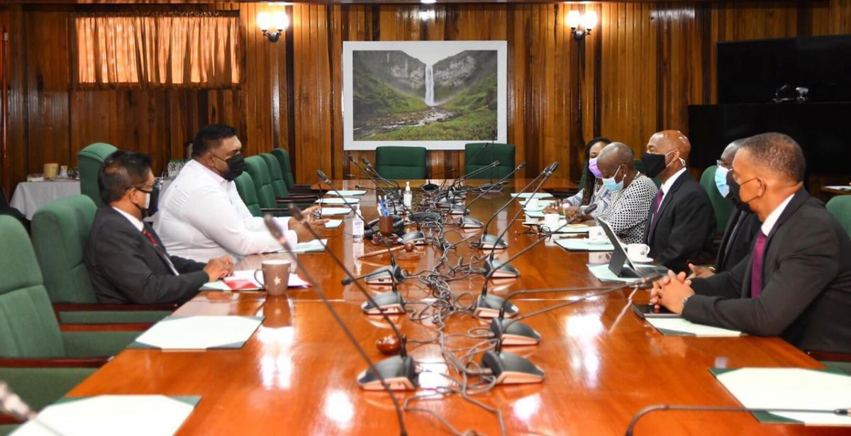 President Irfaan Ali and Finance Minister Dr Ashni Singh in talks with the delegation from the Caribbean Development Bank, led by its President, Dr Hyginus ‘Gene’ Leon (Office of the President photo) 