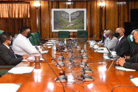 President Irfaan Ali and Finance Minister Dr Ashni Singh in talks with the delegation from the Caribbean Development Bank, led by its President, Dr Hyginus ‘Gene’ Leon (Office of the President photo) 
