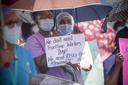 Georgetown Public Hospital workers during a protest in September  (Stabroek News file photo) 