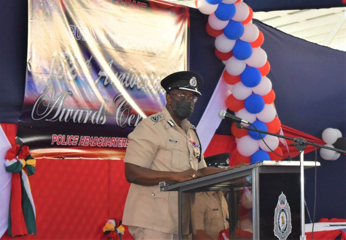 Commissioner of Police (ag) Nigel Hoppie speaking at the ceremony yesterday. (GPF photo)