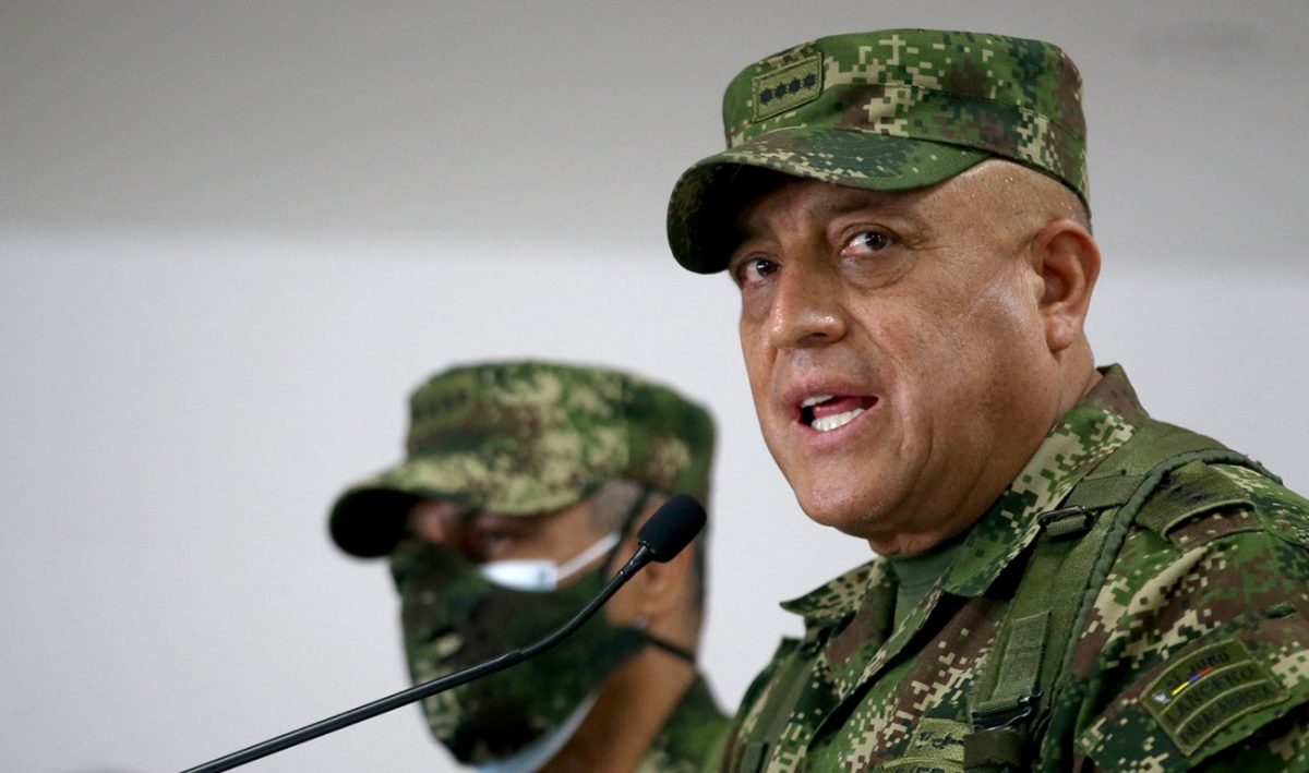 Commander of the Colombian Military Forces, General Luis Fernando Navarro speaks during a news conference about the participation of several Colombians in the assassination of Haitian President Jovenel Moise, in Bogota, Colombia July 9, 2021. REUTERS/Luisa Gonzalez