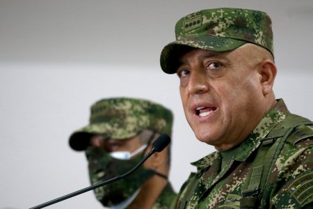 Commander of the Colombian Military Forces, General Luis Fernando Navarro speaks during a news conference about the participation of several Colombians in the assassination of Haitian President Jovenel Moise, in Bogota, Colombia July 9, 2021. REUTERS/Luisa Gonzalez