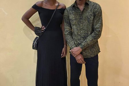 Nia poses with supporter and friend, Jeremiah Williams at the Semi Finals leg of the Guyana Talent Search Competition.