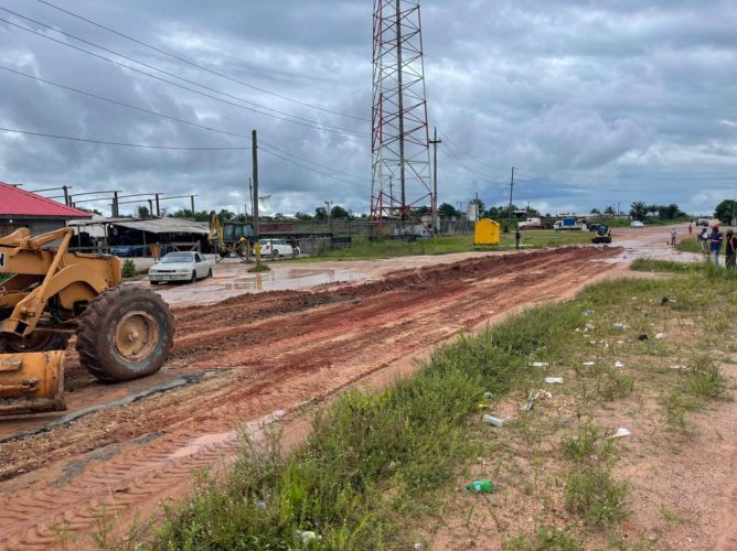 Ministry of Public Works conducting restoration works on the road at Wisroc, Linden