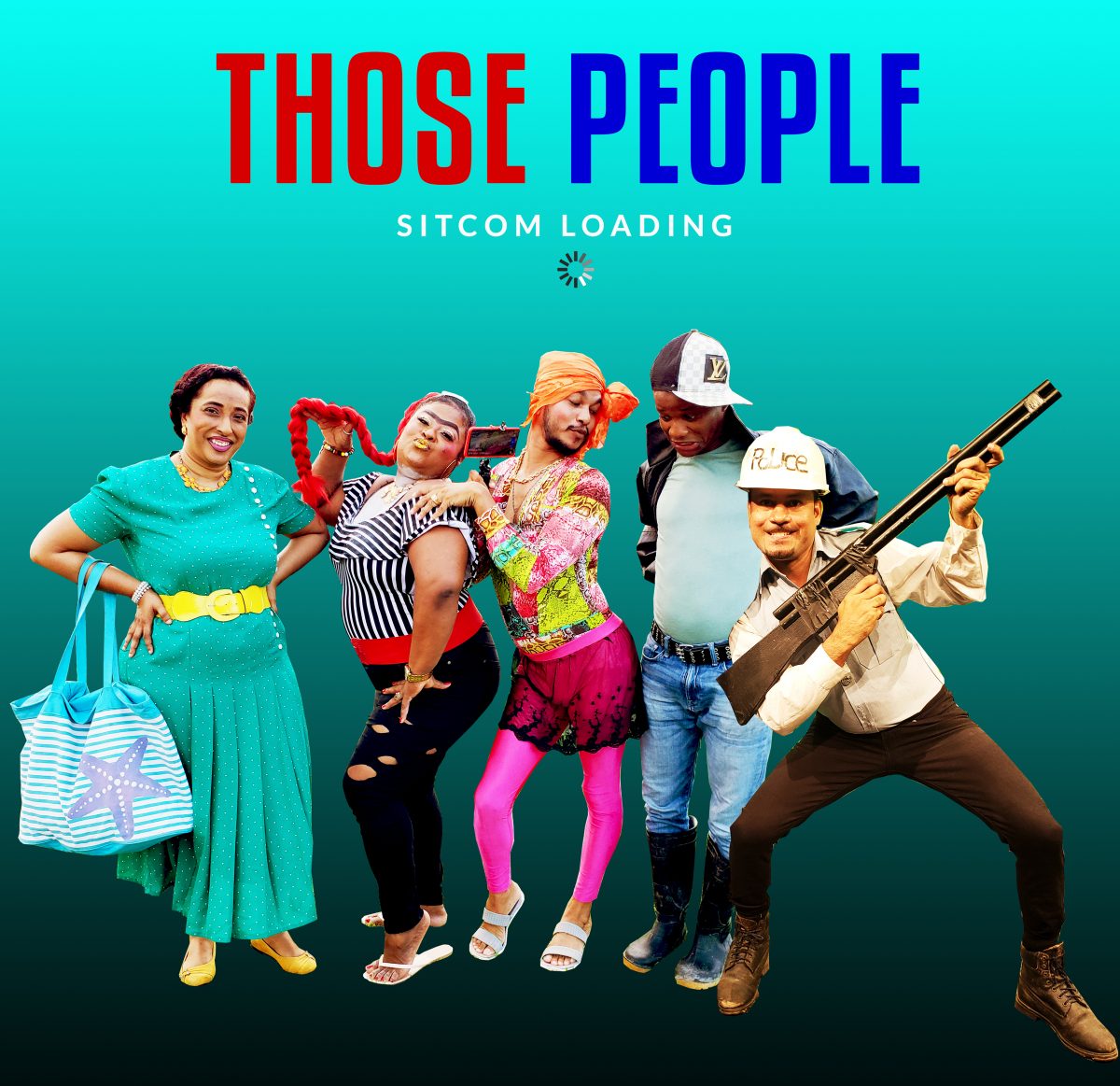 Some of the actors and actresses in the new sitcom strike a pose. They are from left Leza Singh, Clemencio Godette, Michael Ignatius, Opara Samuels, and Mark Kazim
