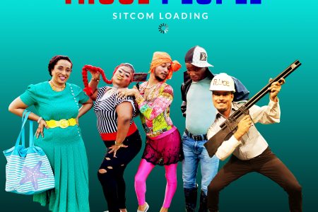 Some of the actors and actresses in the new sitcom strike a pose. They are from left Leza Singh, Clemencio Godette, Michael Ignatius, Opara Samuels, and Mark Kazim
