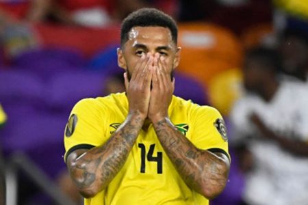 Watford’s Reggae Boy Andre Gray reacts during the contest against Costa Rica on Tuesday night.
