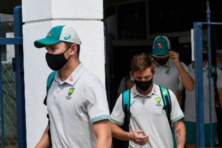 Members of the Australia side leave Kensington Oval following the suspension of Thursday’s second ODI against West Indies. 