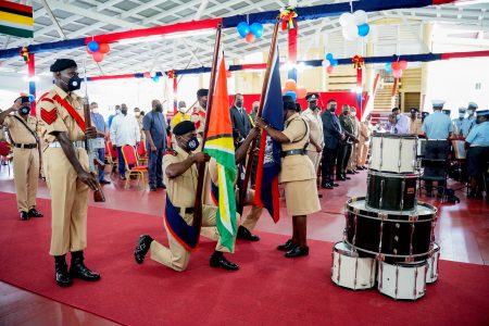 The traditional piling of drums and laying of flags during the Guyana Police Force’s Drum Head Church Service to commemorate the force’s 182nd anniversary, held at the Police Officers’ Mess Annexe, Eve Leary yesterday. A release from the Office of the President said that the Drum Head Service is a precursor to a series of activities to commemorate the establishment of the police force on July 1, 1839. President Irfaan Ali was in attendance. (Office of the President photo)