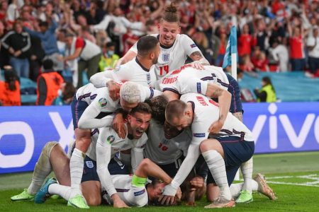 England players celebrate after reaching their first European Championship final.
