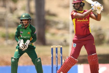 Hayley Matthews plays elegantly through the off side during her 49 against Pakistan Women yesterday. (Photo courtesy CWI Media) 