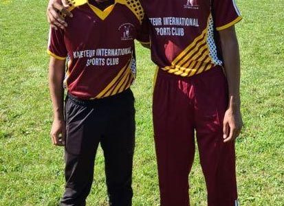 Matthew Nandu and Ravindra Nauth share a light moment after their eight-wicket win over Palace Panthers.