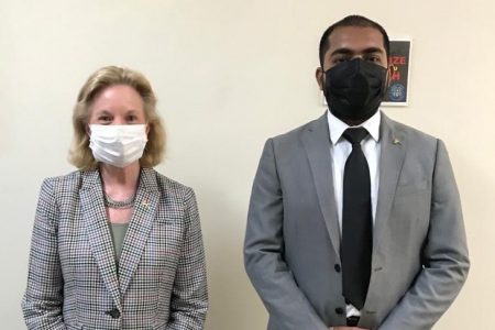 US Ambassador Sarah-Ann Lynch (left) and Chairman of Region Four Daniel Seeram after their meeting last Thursday. (US Embassy photo)