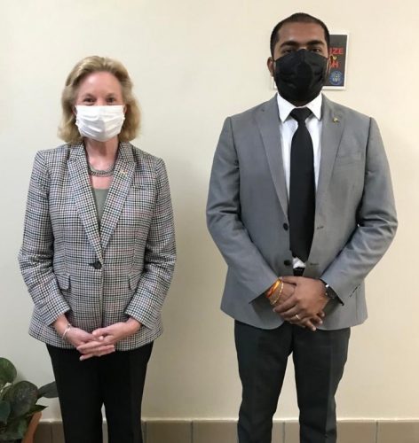 US Ambassador Sarah-Ann Lynch (left) and Chairman of Region Four Daniel Seeram after their meeting last Thursday. (US Embassy photo)