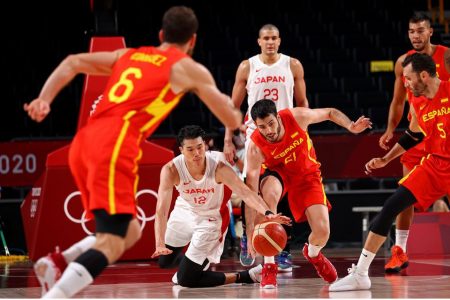 Action in the match between Spain and hosts Japan at the Saitama Super Arena.