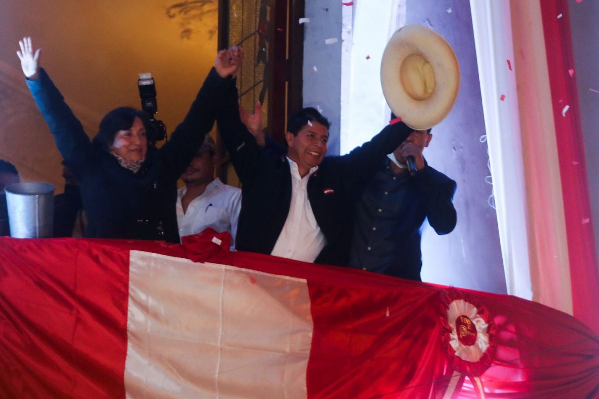 Leftist Pedro Castillo (centre)  celebrates from the headquarters of the “Free Peru” party after Peru’s electoral authority announced him as the winner of the presidential election, in Lima, Peru July 19, 2021. REUTERS/Sebastian Castaneda