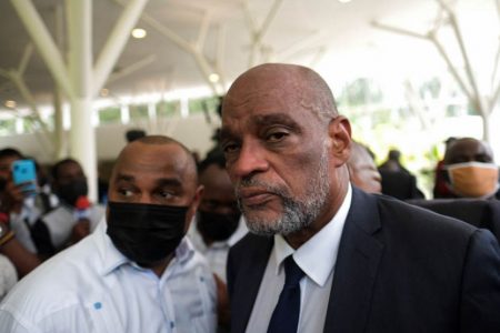 Ariel Henry (right), tapped by late Haitian President Jovenel Moise to be the new prime minister just days before he was assassinated, arrives at the official memorial services for Moise in Port-au-Prince, Haiti, July 20, 2021. /Reuters