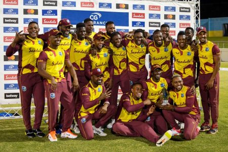 The West Indies team after their 4-1 series win over Australia last night.