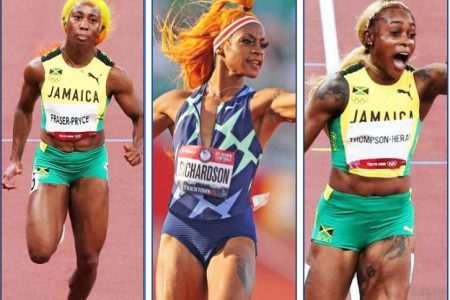 Sha’Carri Richardson centre will today throw down the gauntlet to Jamaicans Elaine Thompson Herah right and Shelly Ann Fraser-Pryce as the battle for the title of world’s fastest woman rages on after Tokyo.