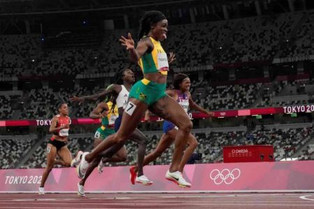 Unstoppable- Elaine Thompson-Herah of Jamaica charging across the
finishing line to win the Women’s 200m Gold Medal at the Tokyo Olympics