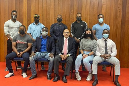 The Guyana Olympic Association (GOA) has decided to help to shoulder the load for the airfare of the 10-member contingent to El Salvador. It’s president, K Juman-Yassin (centre) is flanked by members of the outgoing contingent.