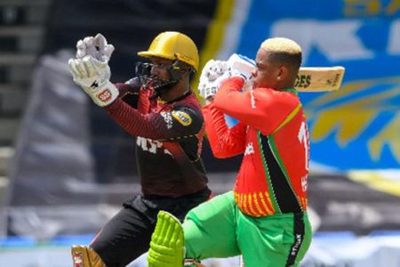 Left-hander Shimron Hetmyer pulls during his top score of 54 in Thursday’s opening match of the Caribbean Premier League (Pic saved as Hetmyer CPL 2021)
