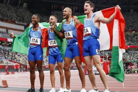 Forza Azzurri- The Italian Men’s team from left to right Eseosa Fostine Desalu, Lorenzo Patta, Lamont Marcell Jacobs and Filippo Tortu celebrating their historic Gold medal in the Men’s 4x100m at the Tokyo Olympics