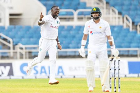 Fast bowler Jayden Seales celebrates after dismissing Azhar Ali on the opening day of the first Test