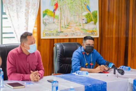 Major of Mabaruma Chris Phang (at left) with Minister of Local Government Nigel Dharamlall (DPI photo) 