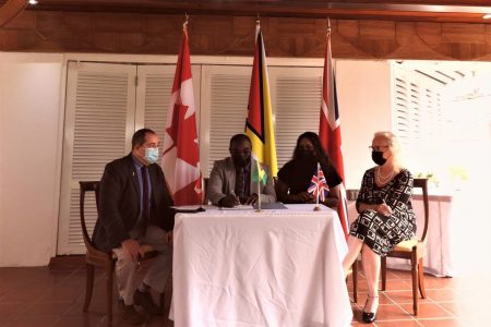 From left are Canadian High Commissioner Mark Berman, Minister within the Office of the Prime Minister Kwame McCoy,  President of the Guyana Press Association Nazima Raghubir and UK High Commissioner Jane Miller.