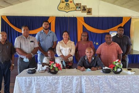 The Chairman and the Principal flanked by other board members of the Essequibo Technical Institute.