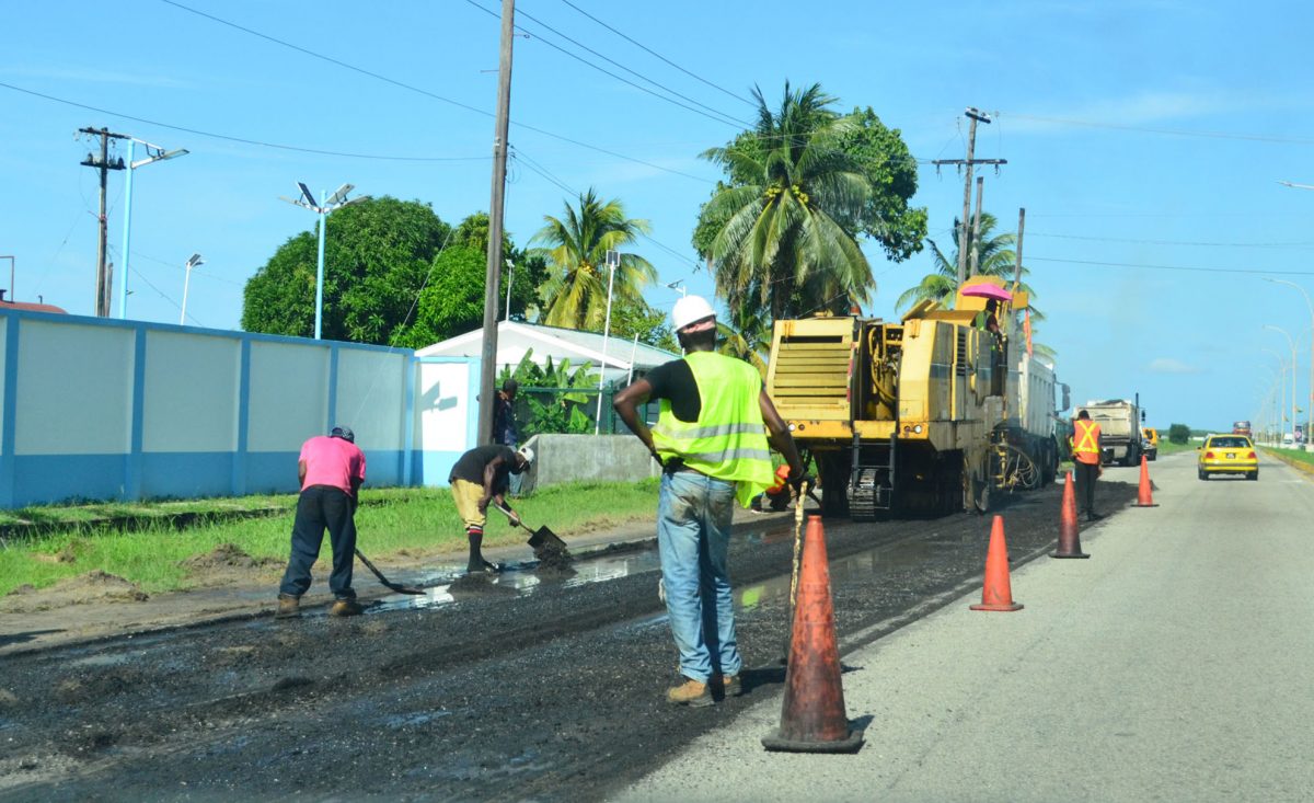 Maintenance road work being done in the vicinity of the Infectious Disease Hospital at Liliendaal, along the Rupert Craig Highway, East Coast Demerara (Orlando Charles photo)