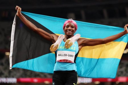 Shaunae Miller-Uibo of the Bahamas celebrating after securing the Women's 400m Gold in commanding fashion at the Tokyo Olympics.
