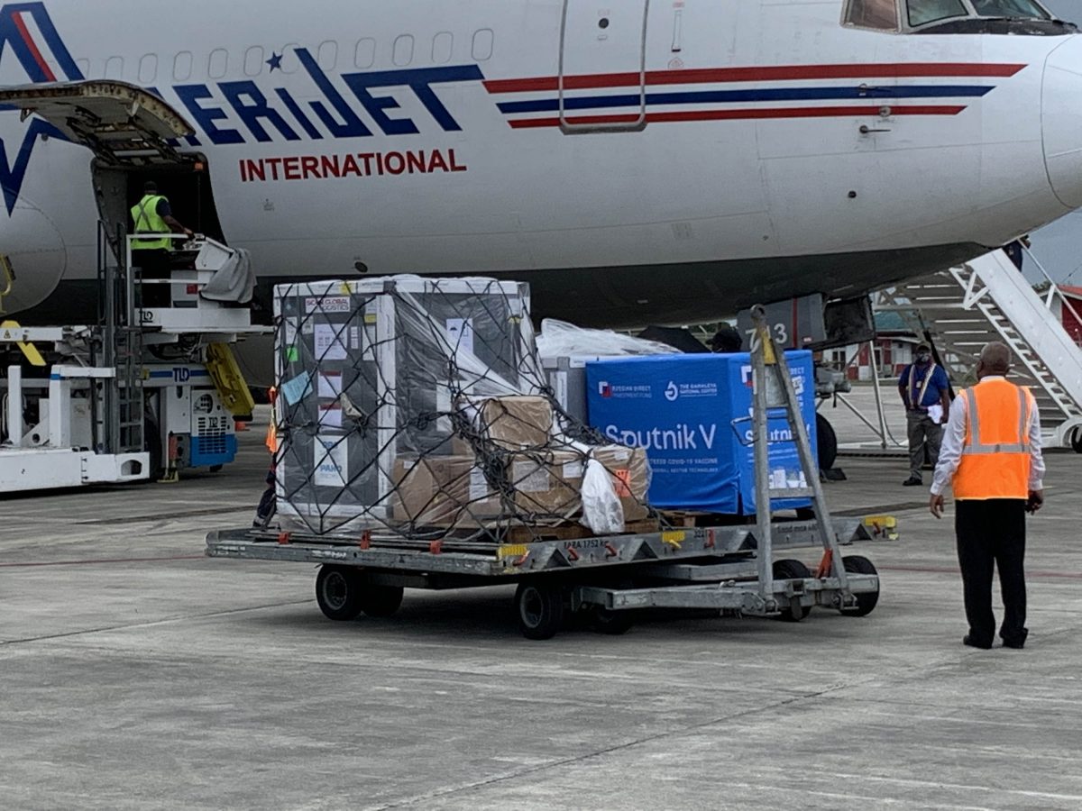 Surprise Sputnik: The new shipment of Sputnik V vaccines as they were being offloaded from a plane on Friday at the Cheddi Jagan International Airport (Shamar Meusa photo)