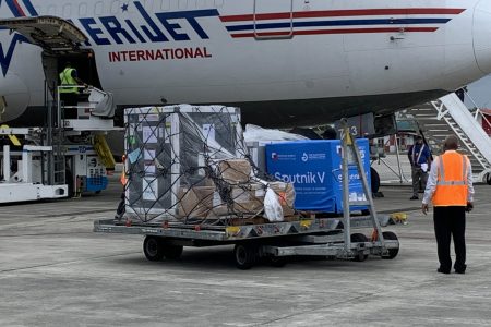 Surprise Sputnik: The new shipment of Sputnik V vaccines as they were being offloaded from a plane on Friday at the Cheddi Jagan International Airport (Shamar Meusa photo)