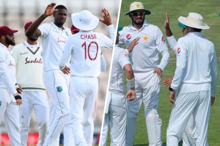 Flashback- West Indies (left) and Pakistan bowlers celebrate after taking wickets in the 1st test. Will the bowlers dominate once more in the 2nd Test today?