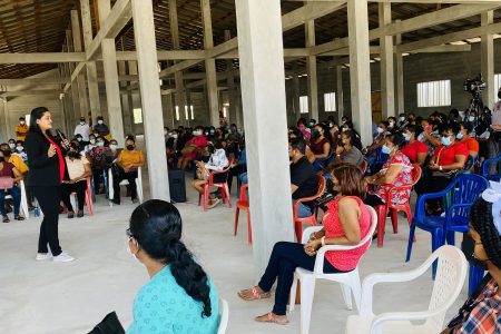 Minister of Human Services and Social Security Dr Vindhya Persaud speaking to WiiN participants at Wednesday’s launch in Region Two