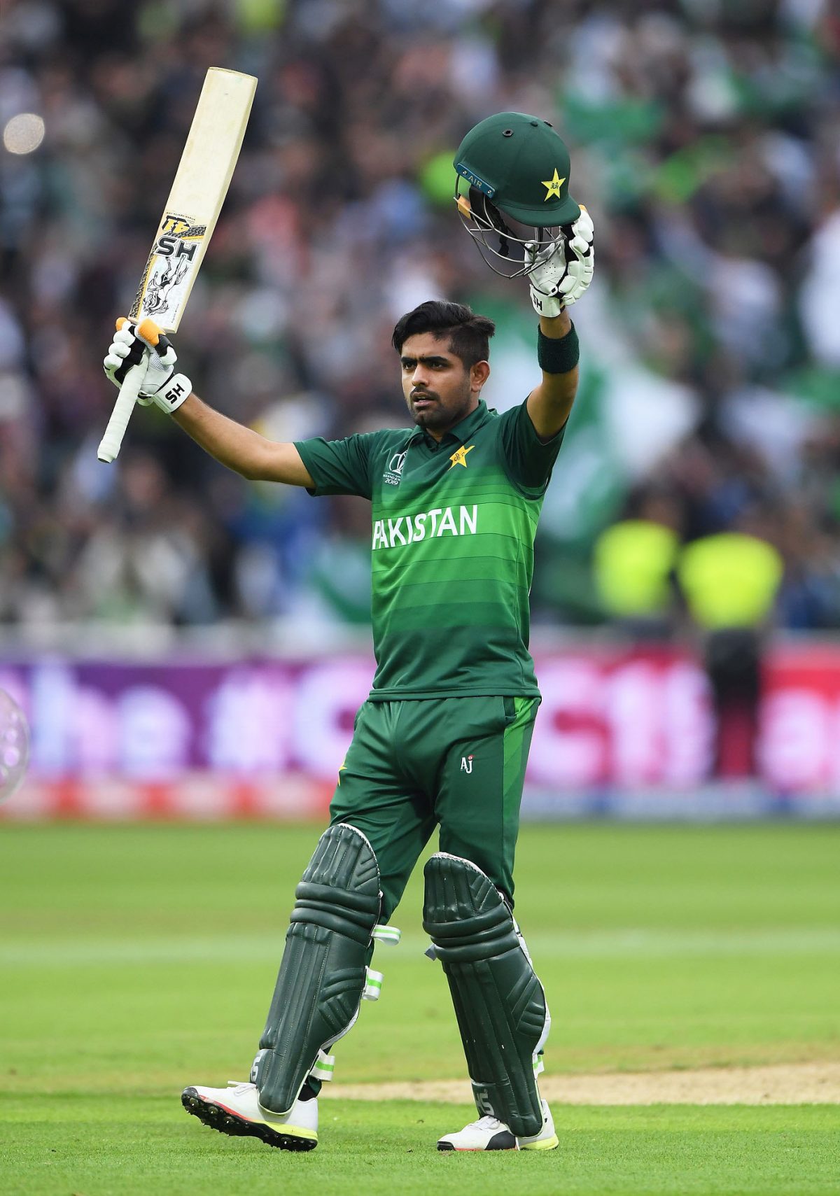 BIRMINGHAM, ENGLAND – JUNE 26: Babar Azam of Pakistan celebrates after scoring a century during the Group Stage match of the ICC Cricket World Cup 2019 between New Zealand and Pakistan at Edgbaston on June 26, 2019 in Birmingham, England. (Photo by Stu Forster-IDI/IDI via Getty Images)