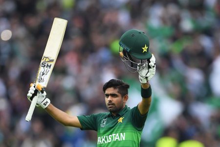 BIRMINGHAM, ENGLAND - JUNE 26: Babar Azam of Pakistan celebrates after scoring a century during the Group Stage match of the ICC Cricket World Cup 2019 between New Zealand and Pakistan at Edgbaston on June 26, 2019 in Birmingham, England. (Photo by Stu Forster-IDI/IDI via Getty Images)