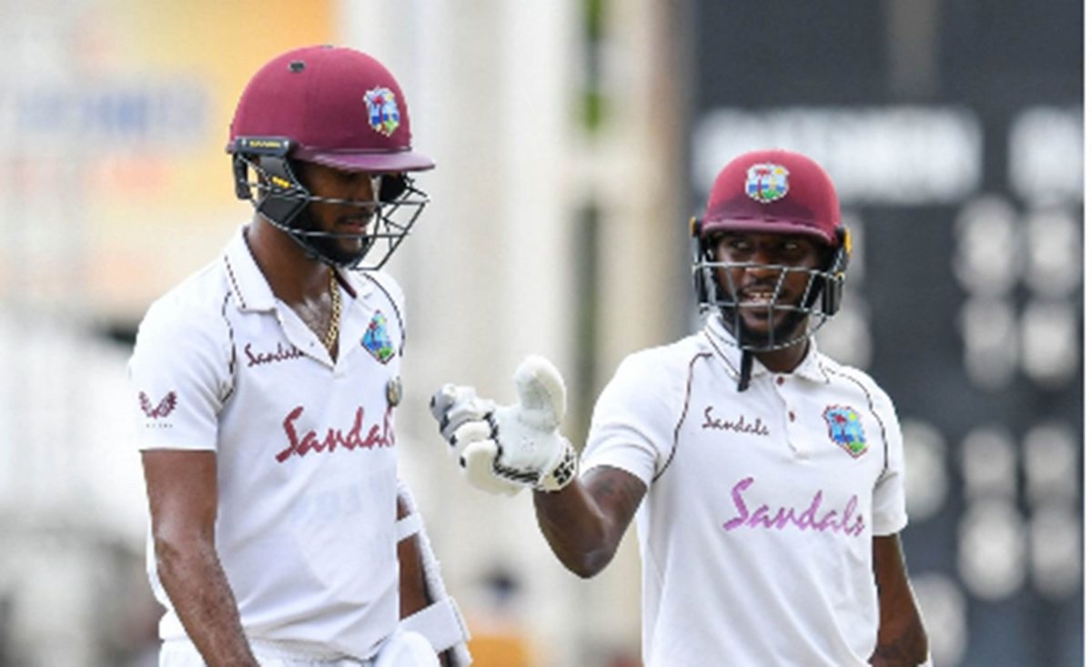 Vice-captain Jermaine Blackwood (right) makes a point to captain Kraigg Brathwaite as they leave the field at lunch on day two of the first Test against Pakistan
