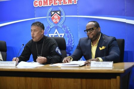 In the spotlight: Head of the Legal Unit of the Trinidad and Tobago Police Service Christian Chandler, right, and Police Commissioner Gary Griffith in April 2020.
