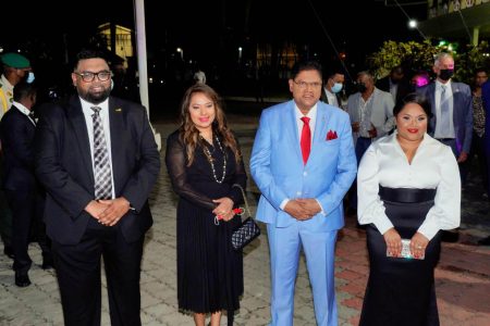 State dinner:  President Irfaan Ali (left) and First Lady Arya Ali (right) last evening hosted a State dinner at State House in honour of the Surina-mese President, Chandrikapersad Santokhi (second from right) and First Lady of Suriname, Mellisa Santokhi-Seenacherry who are on an Official Visit to Guyana.
Several members of the Cabinet of both countries and members of the Diplomatic Community also attended. (Office of the President photo)
