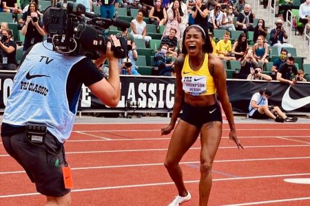 UNDISPUTED! Jamaica’s Elaine Thompson-Herah screams with delight after winning yesterday’s Eugene Diamond League 100m event from a star-studded field.