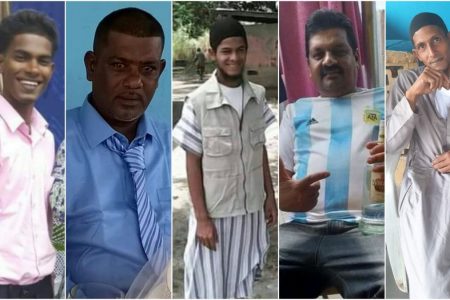 Carapo murder victims, from left to right, Ryan Sookraj, Radesh Pooran, Jimmy Poon , Avinash Sookraj and Russel Poon.