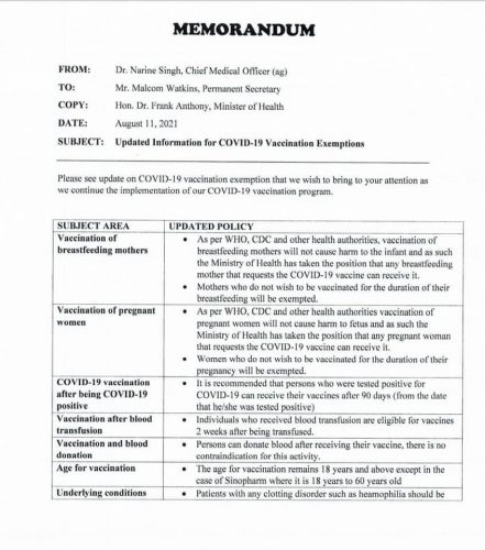 The first page of Chief Medical Officer Dr Narine Singh’s memo on new guidelines for vaccine exemptions